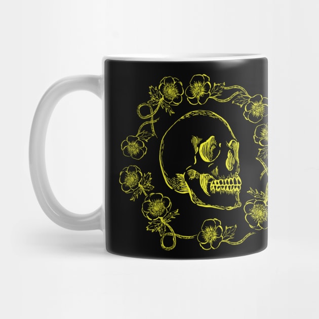 Skull and Flowers Neon on Dark by Cecilia Mok